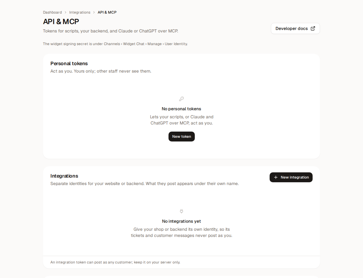 The API & MCP page with personal tokens and integrations