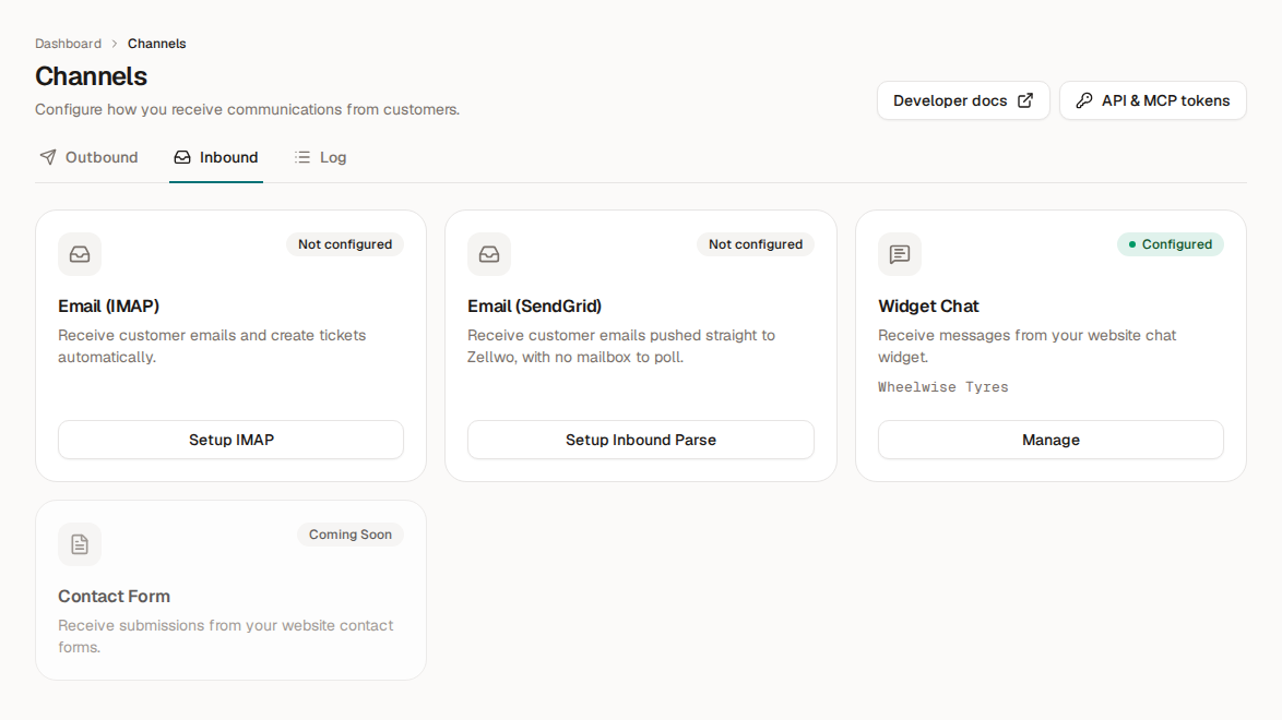 Channels → Inbound, where Widget Chat → Manage opens the widget configuration