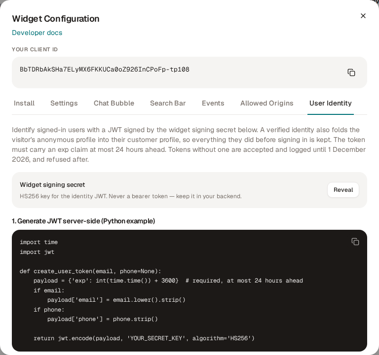 The User Identity tab, where owners reveal or rotate the widget signing secret