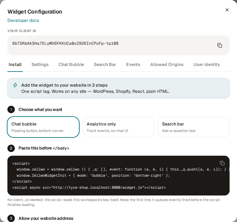 The Install tab of the widget configuration, under Channels → Inbound → Widget Chat